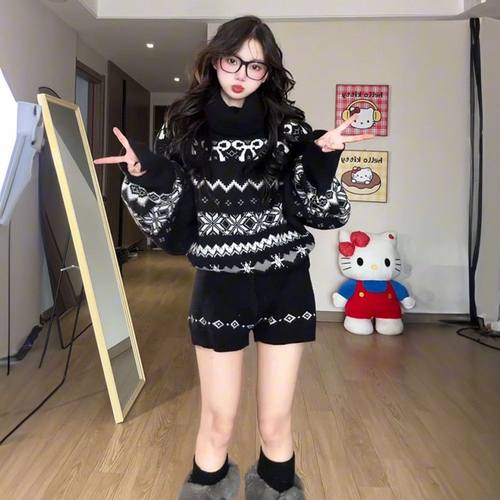 秋冬整套费尔岛蝴蝶结高领毛衣