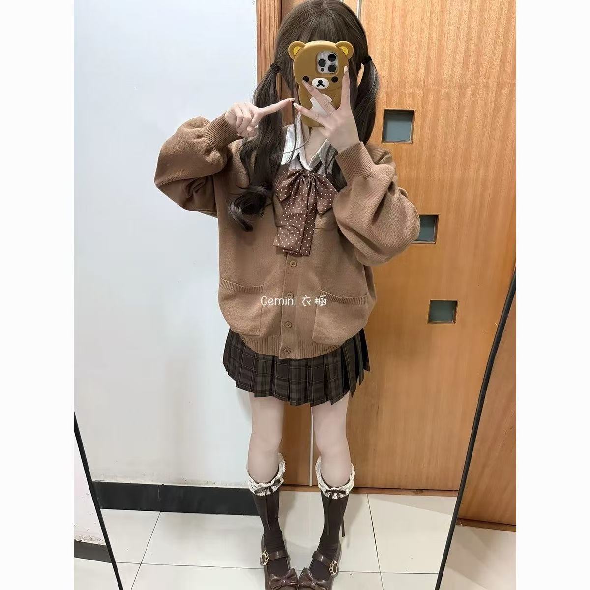原创日系软妹制服秋冬套装针织衫开衫长袖外套学院新品JK焦糖格裙