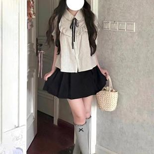 学院风小个子高腰遮肉百褶短裙女学生叠穿木耳边条纹衬衫 两件套装
