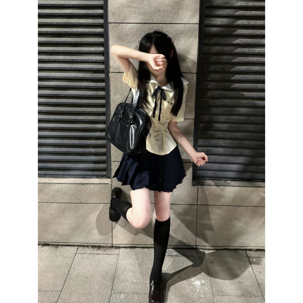 学院风娃娃领JK制服套装奶黄色花瓣摆设计短袖校供感短袖女软妹