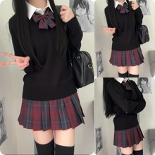 原创jk制服套装秋冬季新款格裙百褶短裙子学院风毛衣针织衫三件套