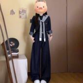 阔腿裤 秋装 复古宽松牛仔马甲配衬衫 洋气套装 两件套 搭配一整套时尚