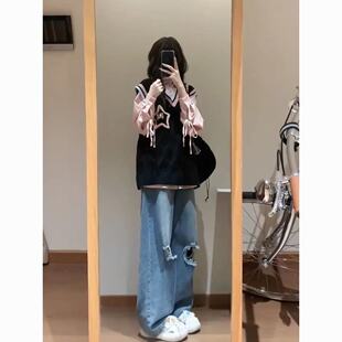 学院风马甲衬衫两件套女开春韩版日系叠穿无袖黑色针织背心外穿