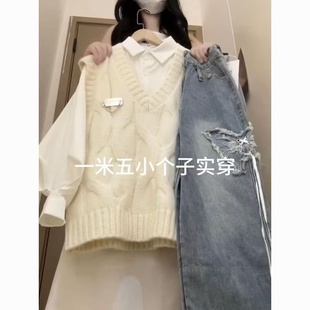衬衫 长袖 马甲背心毛衣 早秋穿搭一整套学院风小个子V领麻花针织衫