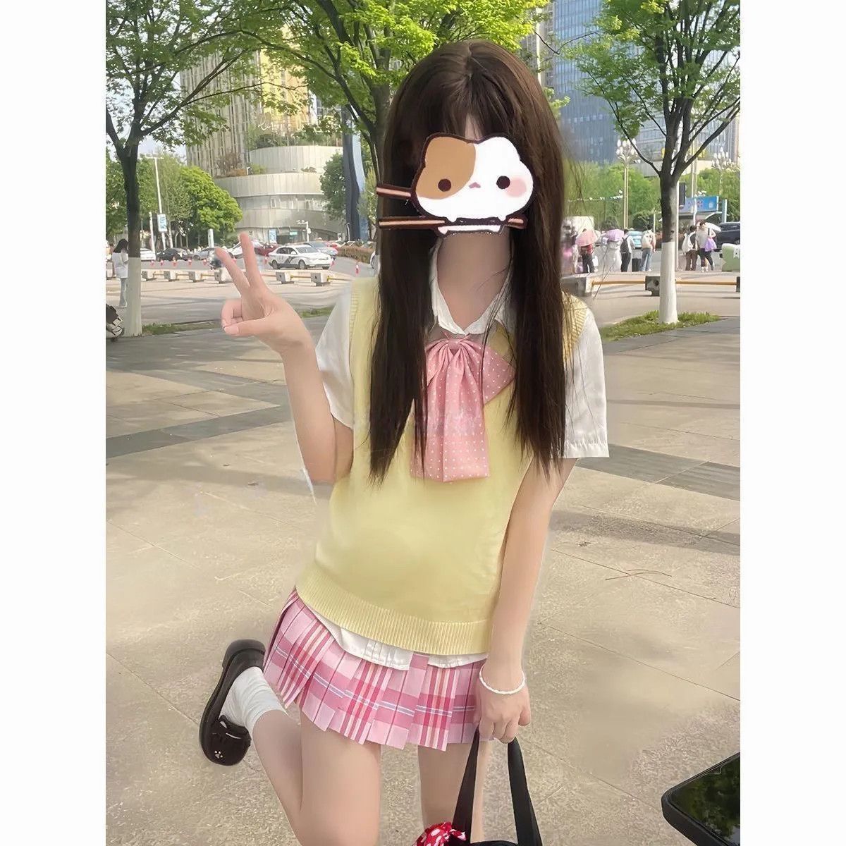 原创jk制服黄色背心针织衫马甲学院风糖果JK裙叠穿短袖衬衫一整套