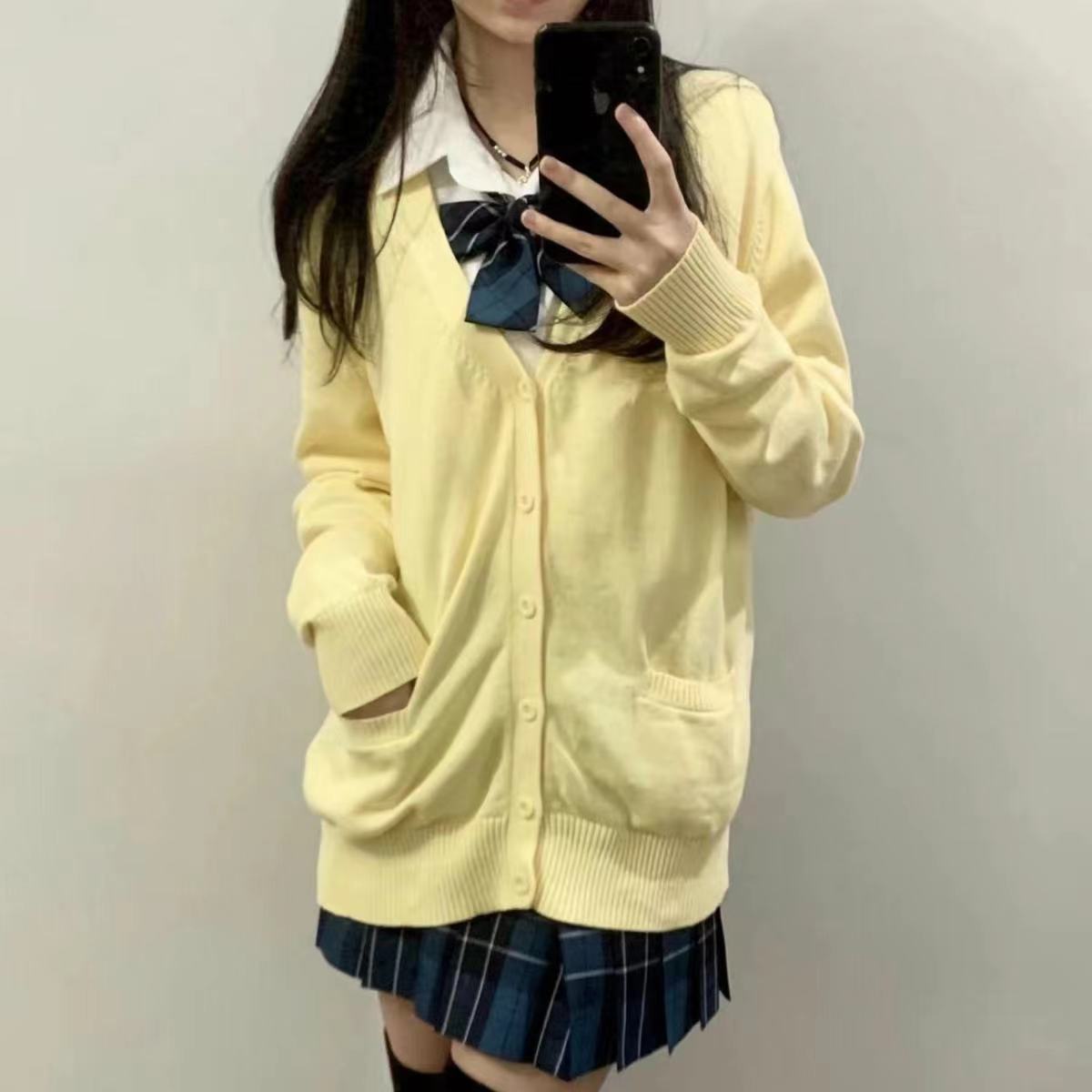 黄色日系开衫JK套装秋冬日系百搭外套学院风jk制服针织衫制服