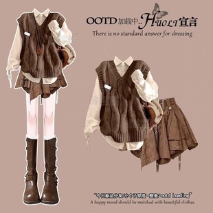 一整套ootd轻奢穿搭韩版慵懒风复古马甲衬衫高腰半身裙套装女秋冬