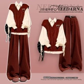 马甲初冬穿搭小个子韩系学院风套装 两件套装 万圣节百搭纯色衬衫