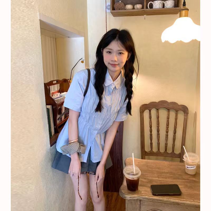 蓝色衬衫女短袖设计感夏季学院