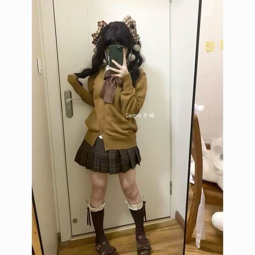 秋冬JK制服格裙棕色针织衫开衫