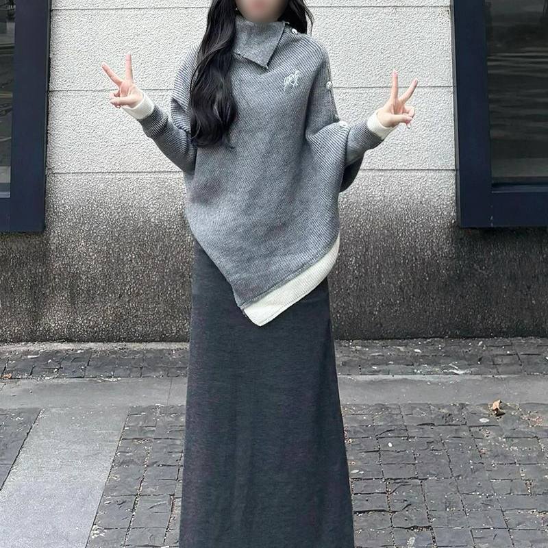 韩系毛衣不规则针织衫两件套装