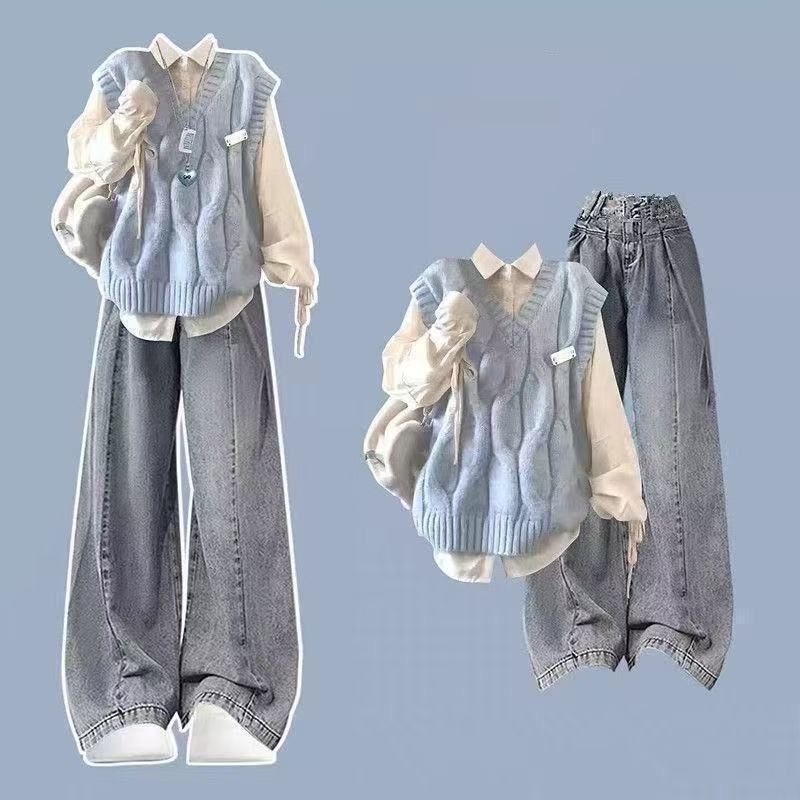 早秋学院风马甲衬衫整套套装