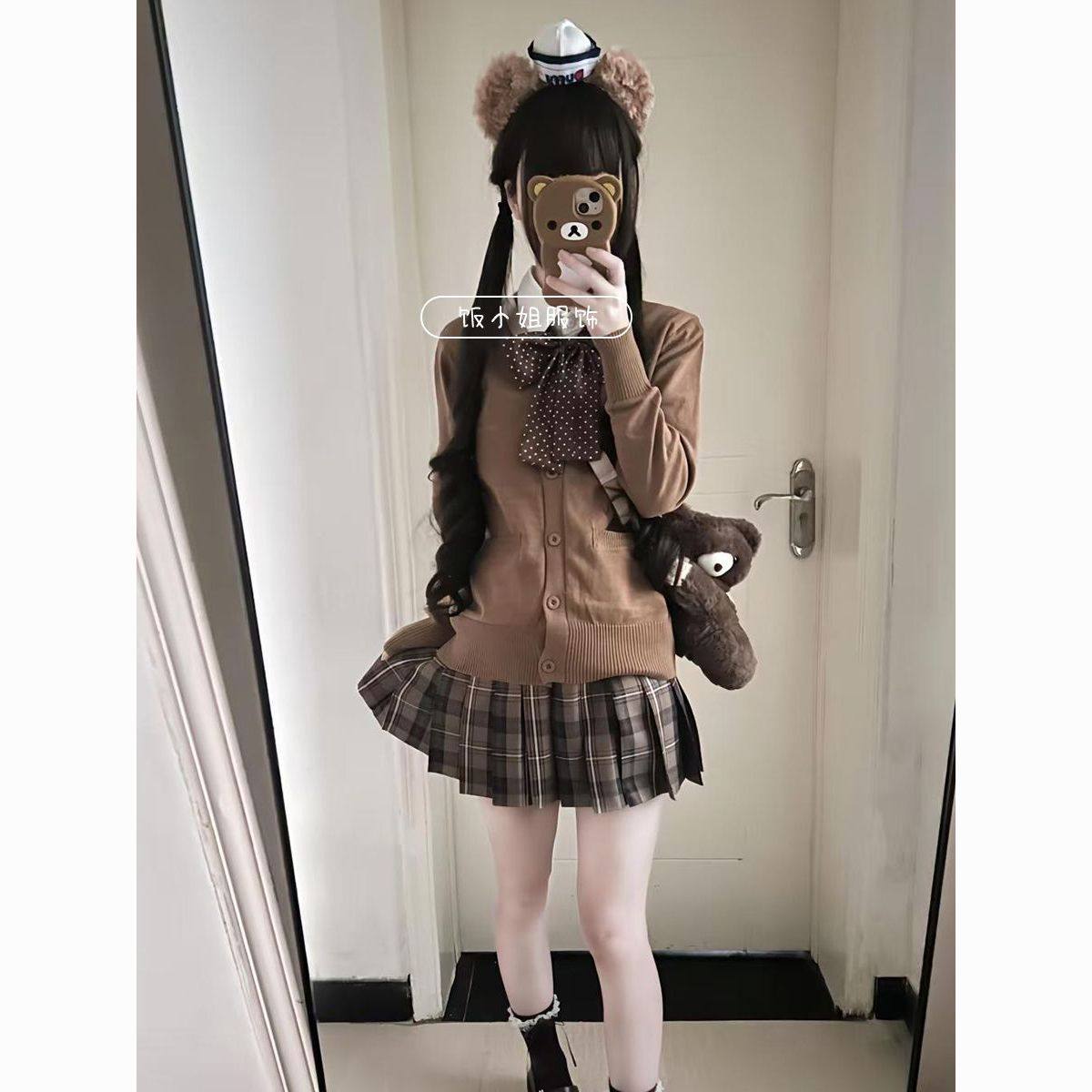 日系小棕格学院风JK制服针织开衫