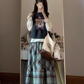 衬衫 三件套装 日系学院风可爱小熊针织马甲背心毛衣女 格纹半身裙