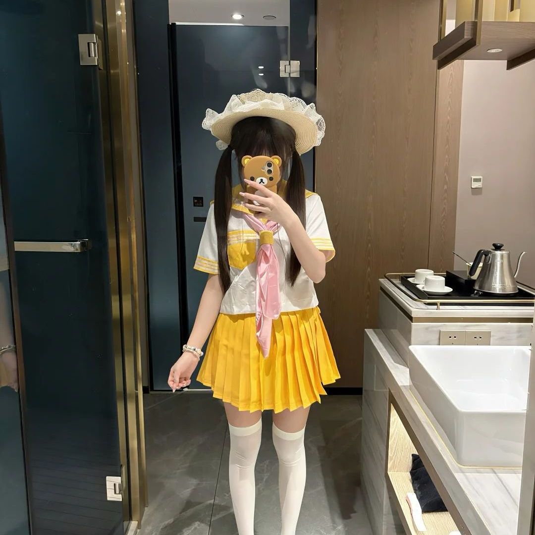 黄色三本中间服水手服短袖衬衫百搭JK短裙多巴胺学院风JK制服套装