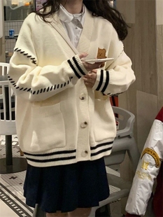 针织开衫 慵懒风复古甜美拼色小熊刺绣条纹毛衣外套女学生春秋新款