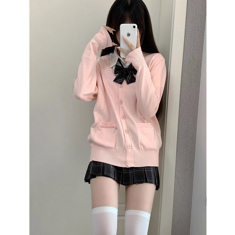 JK制服早秋日系学院风外搭宽松纯色毛衣针织开衫薄款长袖外套女款