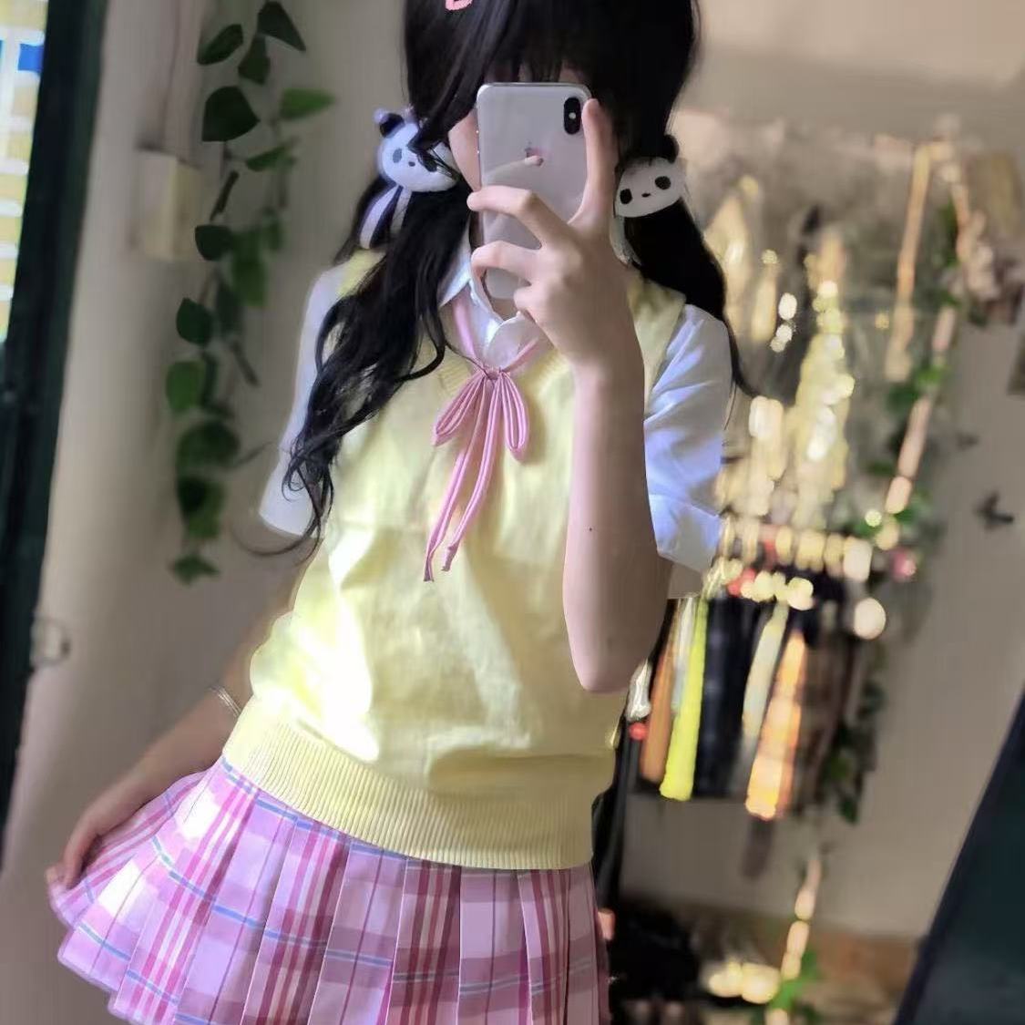 JK制服原创套装V领针织黄色背心马甲叠穿衬衫校供感穿搭糖果JK裙