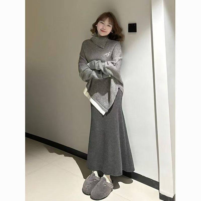 韩版不规则高领斗篷宽松针织衫套头毛衣百搭毛呢半身裙秋冬两件套