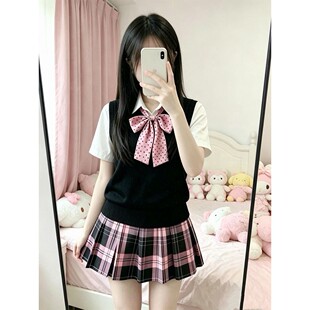 粉雾海/学院JK制服格裙原创针织马甲套头背心叠穿衬衫校供感套装