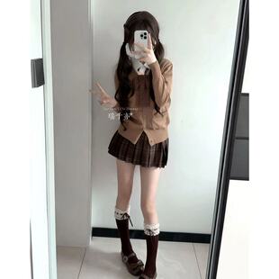 原创jk制服秋冬校供感棕色针织衫毛衣外套叠穿焦糖可颂jk格裙套装