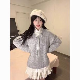 针织毛衣套头毛衣系带白色衬衫 秋冬套装 日系甜美蝴蝶结刺绣针织衫