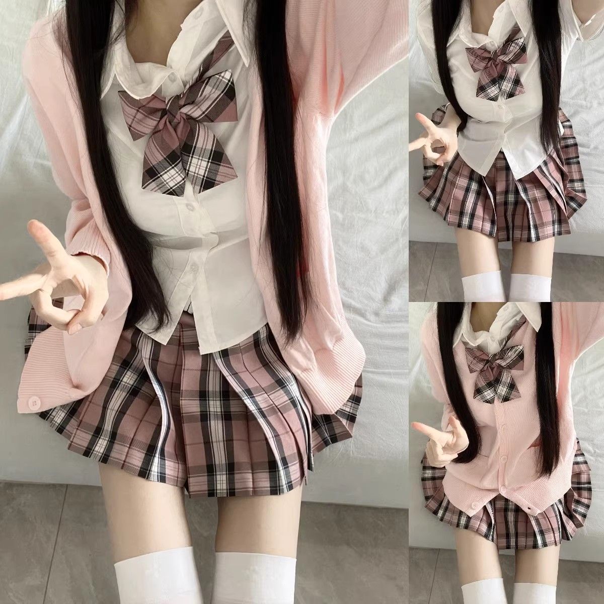 JK制服套装女秋冬季日系学院风针织开衫毛衣外套百褶裙格裙三件套