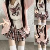 JK制服套装 毛衣外套百褶裙格裙三件套 女秋冬季 日系学院风针织开衫