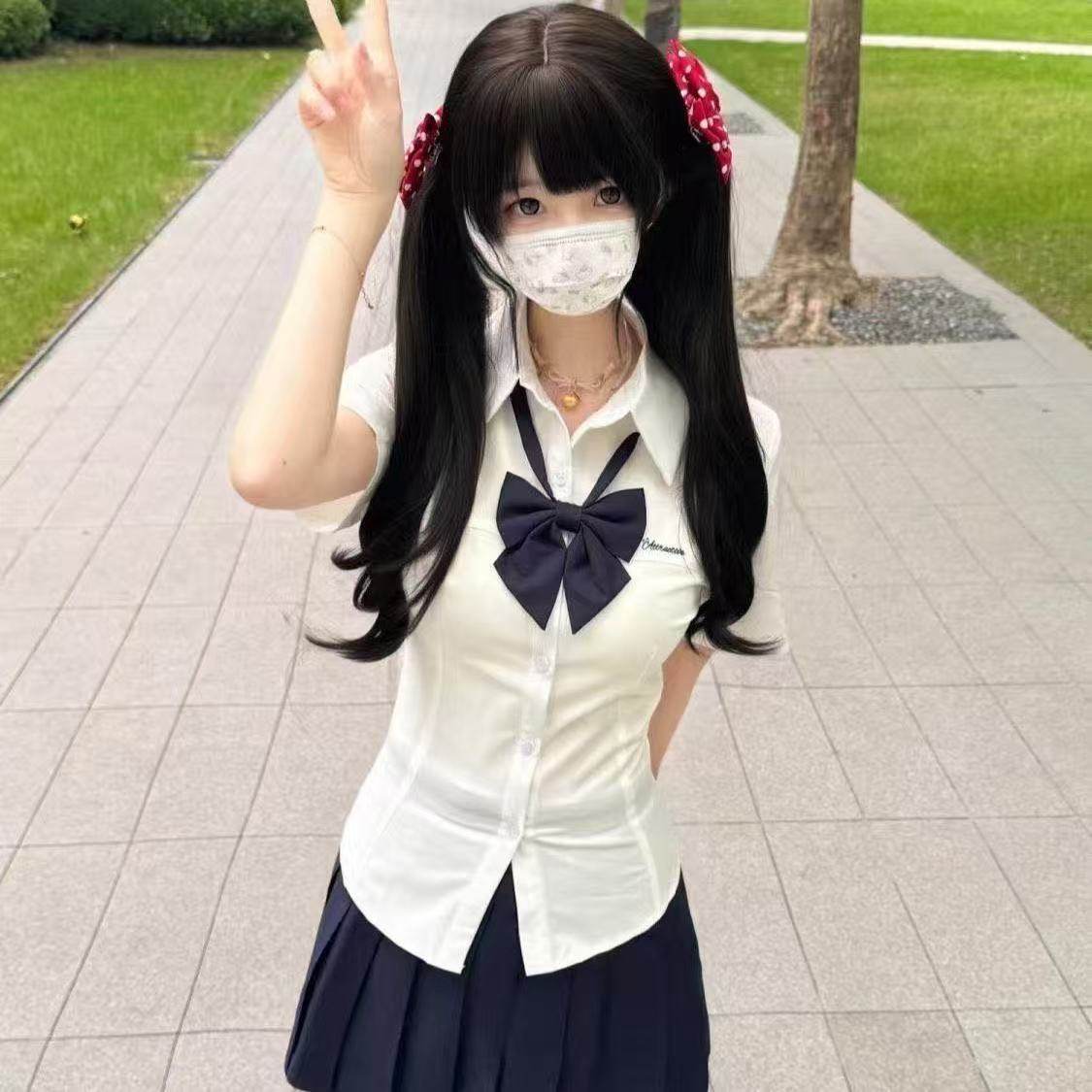 小岛原创新款刺绣jk收腰短袖衬衫