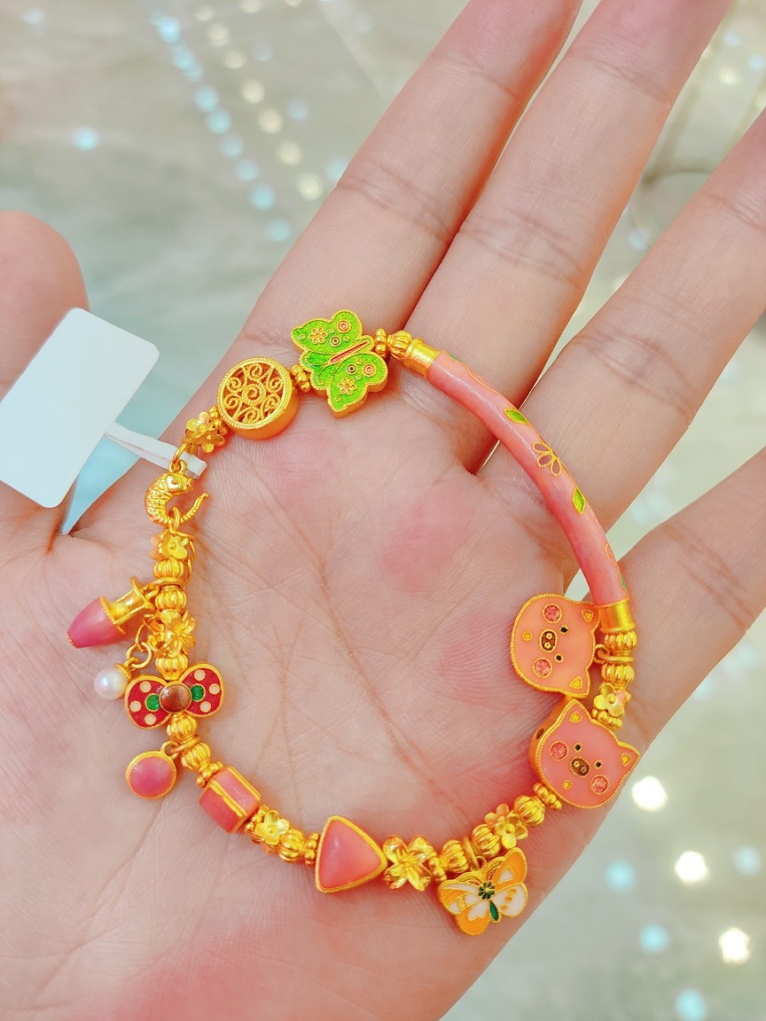 高温烧蓝999足金郁金香粉管小猪蝴蝶结通孔吊坠小金圈黄金项链diy