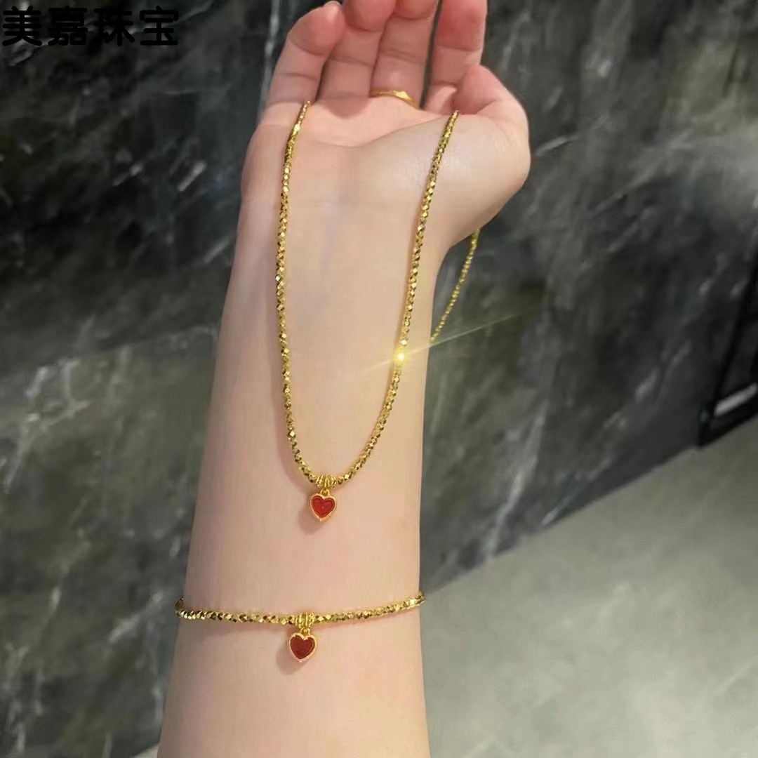 999足金超闪菱形蹦迪珠高温烧蓝红心爱心吊坠黄金项链锁骨链女款