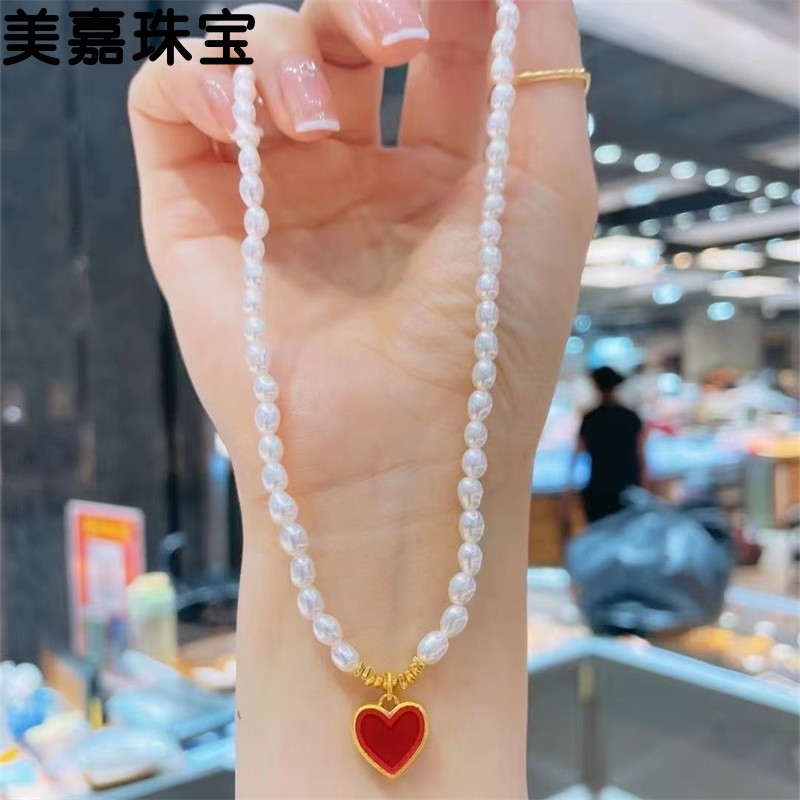 高温烧蓝999足金大爱心红心吊坠碎金子天然淡水珍珠黄金项链定制
