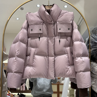 2024冬装新款羽绒服女短款小个子加厚连帽针织袖口宽松白鸭绒外套
