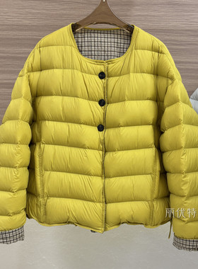 两面穿宽松显瘦羽绒服女洋气撞色格纹2025秋冬新款圆领排骨短外套