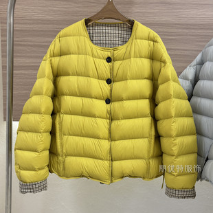 两面穿宽松显瘦羽绒服女洋气撞色格纹2025秋冬新款圆领排骨短外套