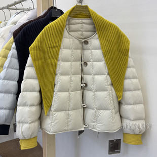 2025秋冬新款羽绒服少女轻薄短款撞色针织围巾中学生90白鸭绒外套