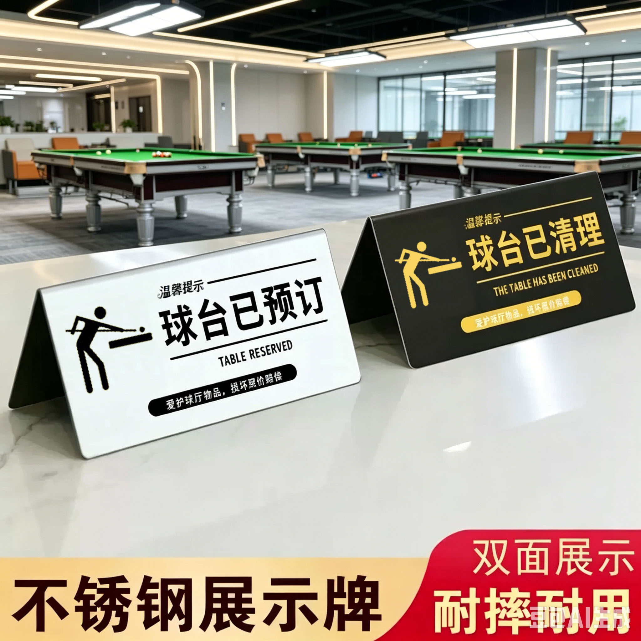 不锈钢台球厅球台已清理温馨提示牌台球室双面摆桌请勿黑灯打球牌 - 实物图