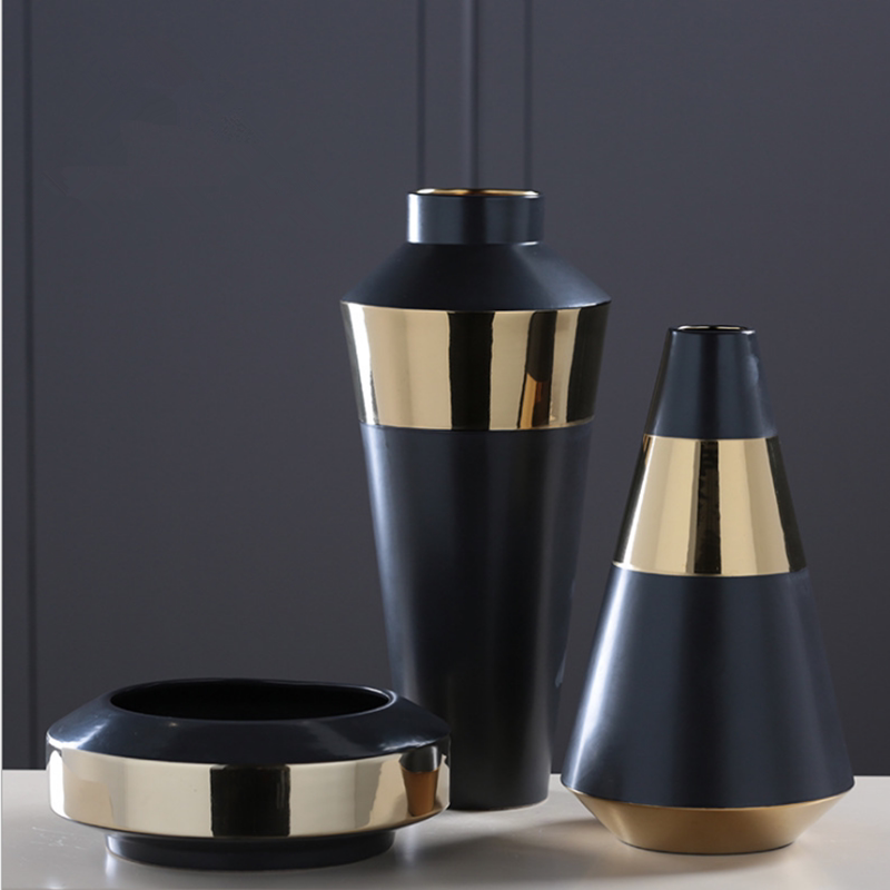 现代简约陶瓷电镀金色花器花瓶摆件欧式样板房售楼处玄关软装饰品