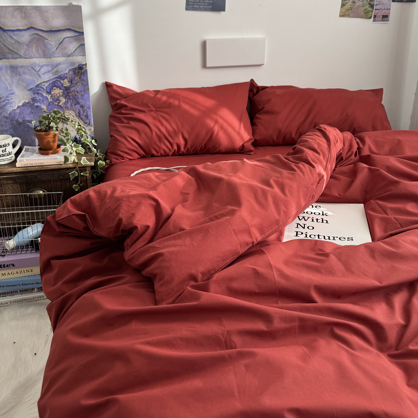 山楂树红色床上四件套纯棉纯色被套床单简约水洗全棉双人床笠床品