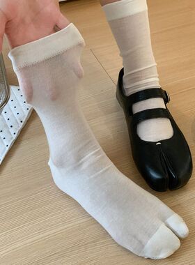 白色桑蚕丝分趾袜子女中筒袜春夏薄透气马蹄二趾夏天长堆堆袜