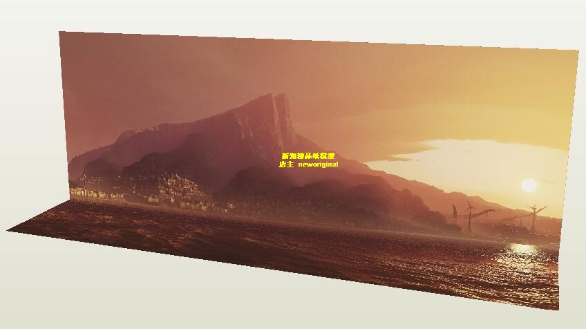 夕阳下的海岛自然风光城市废墟士兵人偶场景背景纸模型