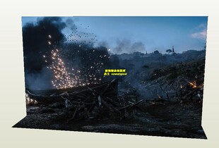 1比12 18 炮火连天硝烟弥漫战场战壕战区士兵人偶场景背景纸模型