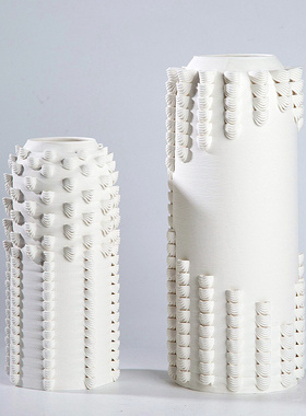 现代简约3D打印陶瓷花瓶哑光白色编织肌状理纹花器样板间装饰摆件