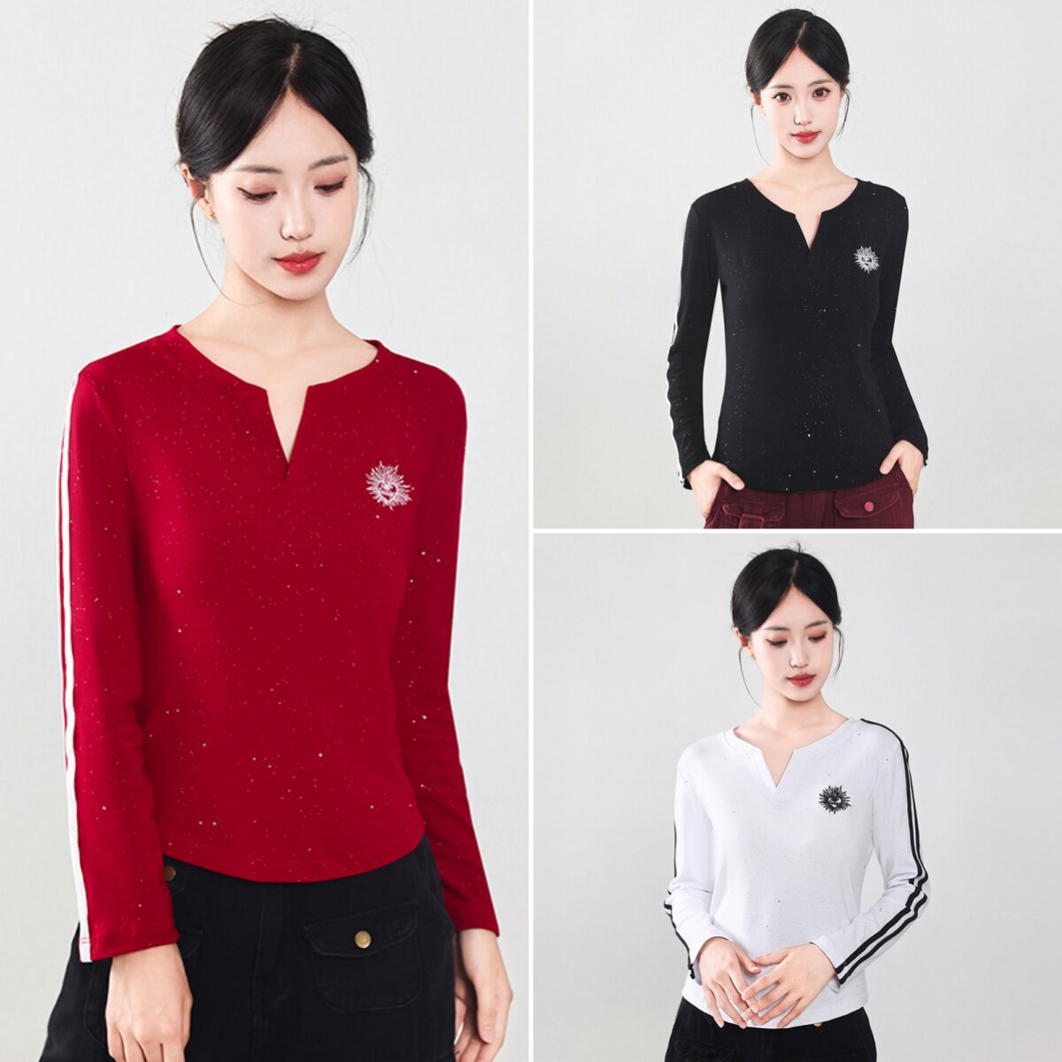 2025秋亮片广场舞上衣女长袖网红同款刺绣舞蹈服休闲运动T恤显瘦