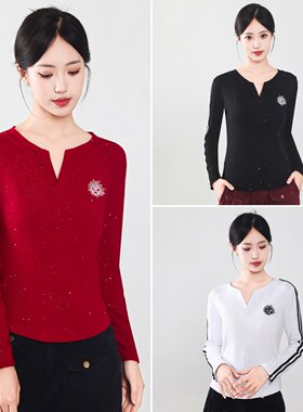 广场舞上衣女长袖亮片网红同款刺绣舞蹈服休闲运动T恤显瘦时尚