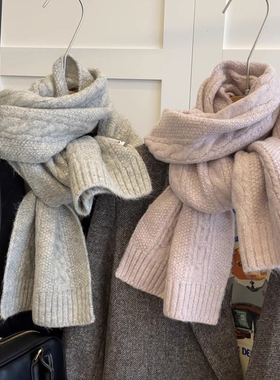 自带柔光效果麻花纹毛线灰色围巾女款2025新款冬韩系氛围感高级感