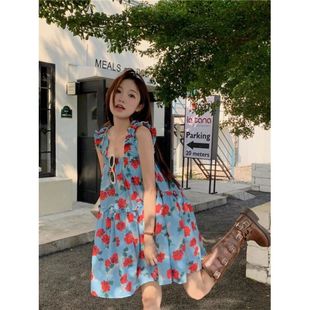 宽松显瘦海边度假风甜美短裙子 复古木耳边碎花裙吊带连衣裙女夏季