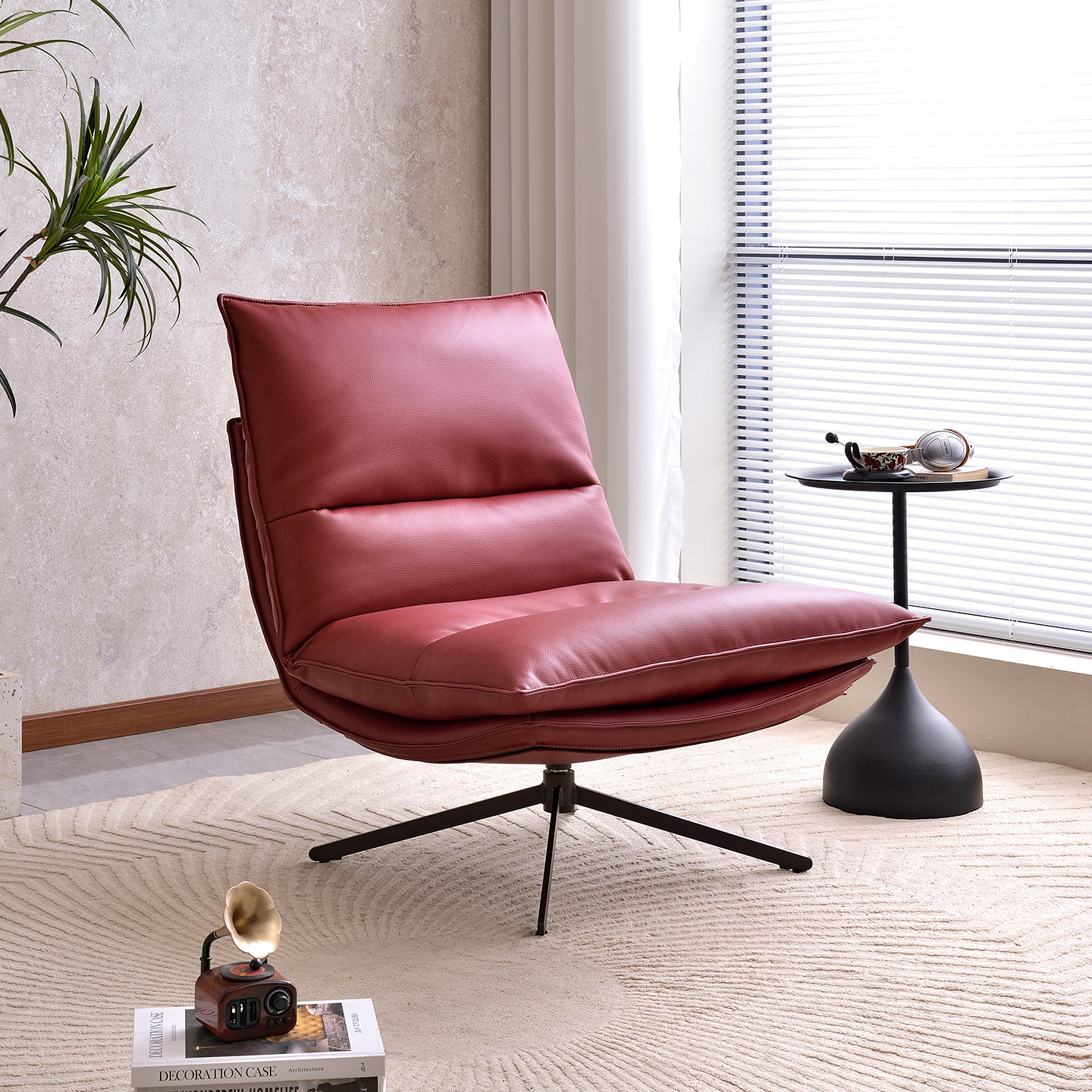 现代简约单人沙发椅客厅阳台卧室懒人休闲躺椅家用轻奢旋转椅红色