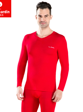 皮尔卡丹内衣男士套装大红薄款莫代尔打底修身V领秋衣秋裤PB37402