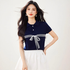 法式Polo领冰丝短袖T恤女夏季新款修身减龄蕾丝蝴蝶结针织衫上衣